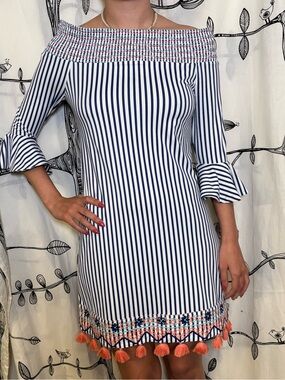 Cabana Life St. Bart’s Off-Shoulder Navy Stripe Dress with Coral Tassel Hem